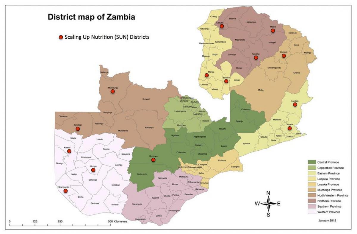 Sambia piirit päivitetty kartta